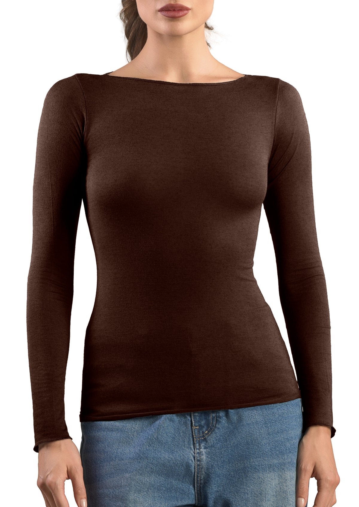 Maglia Manica Lunga Donna Scollo a Barca Modal e Cashmere Marrone