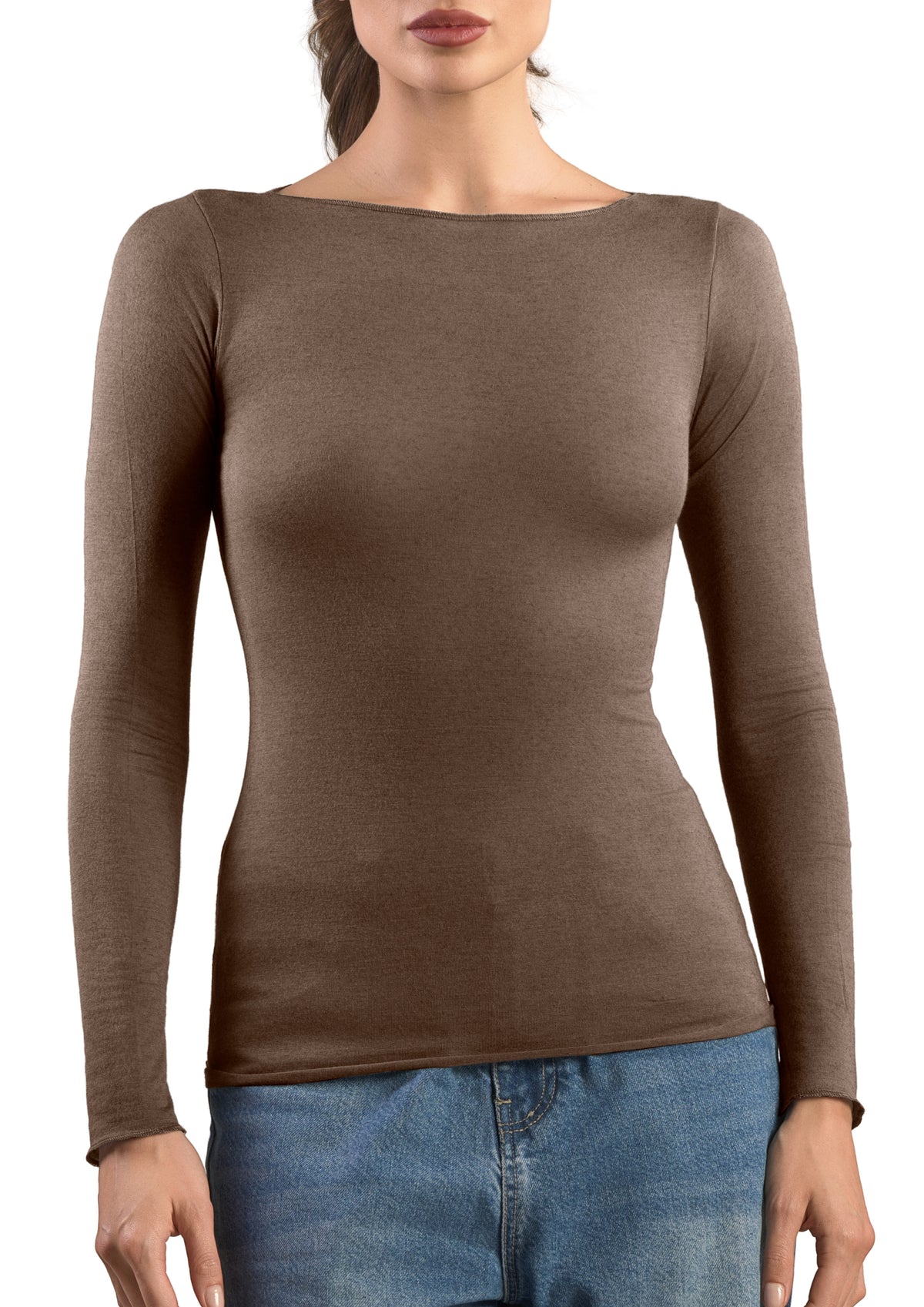 Maglia Manica Lunga Donna Scollo a Barca Modal e Cashmere Tabacco