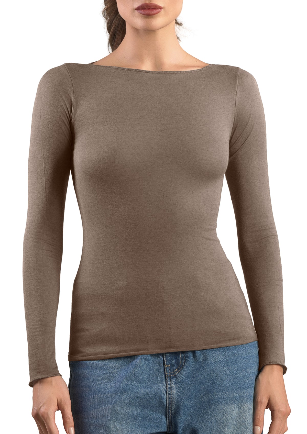 Maglia Manica Lunga Donna Scollo a Barca Modal e Cashmere Visone