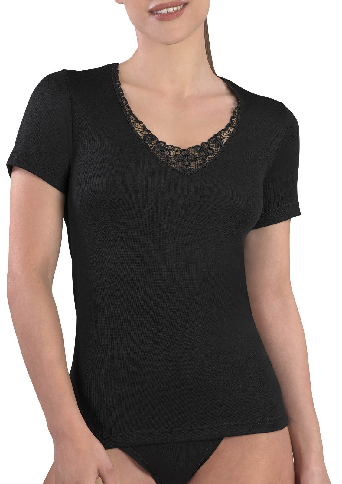 MAGLIA  MEZZA MANICA DONNA APPLICAZIONE MACRAMÈ 100% COTONE CALDO INTERLOCK