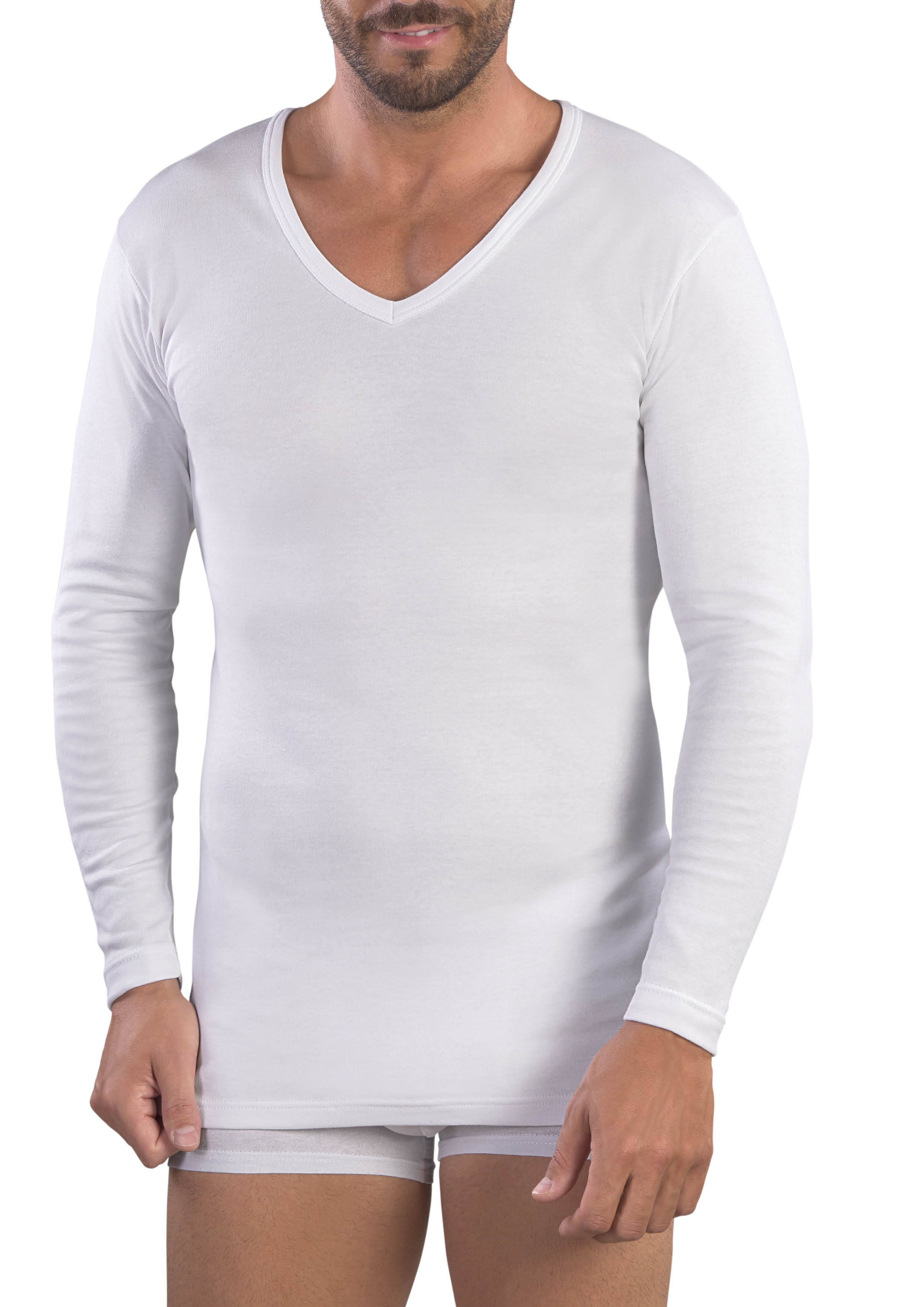 MAGLIA MANICA LUNGA UOMO COLLO A PUNTA 100% COTONE CALDO INTERLOCK