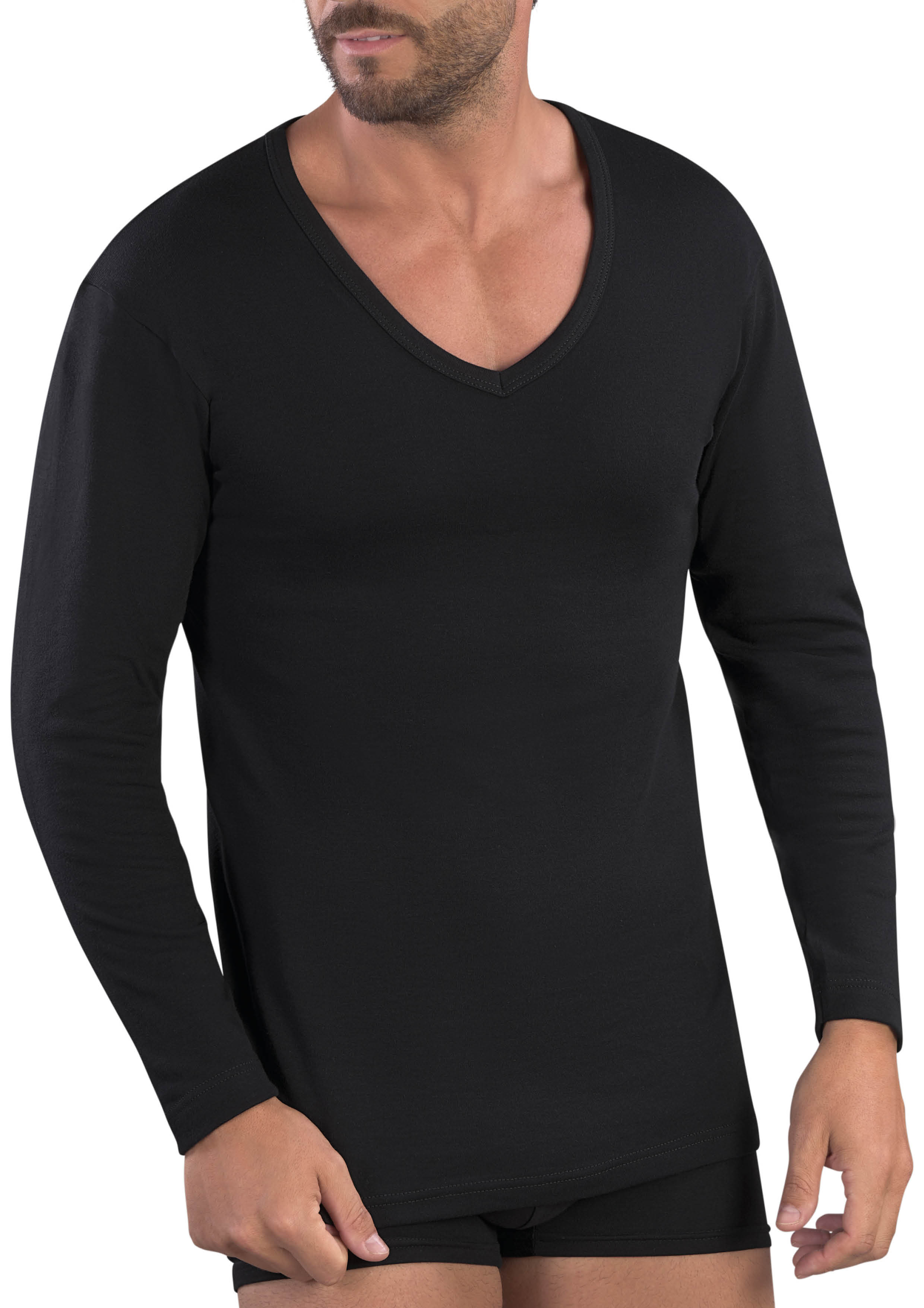 MAGLIA MANICA LUNGA UOMO COLLO A PUNTA 100% COTONE CALDO INTERLOCK