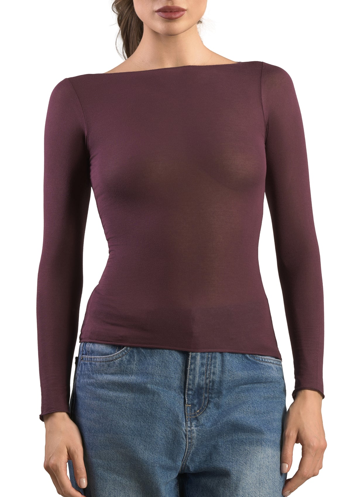 Maglia Manica Lunga Donna Scollo a Barca Modal e Cashmere Bordeaux